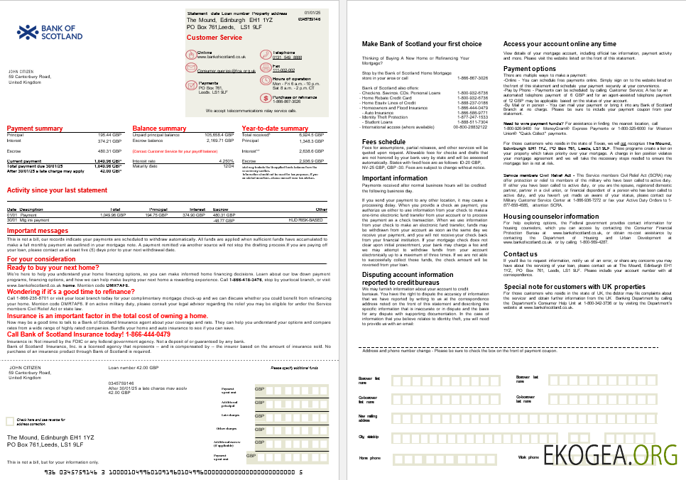 Relevé hypothécaire de la Bank of Scotland du Royaume , Uni aux formats Word et PDF, 2 pages